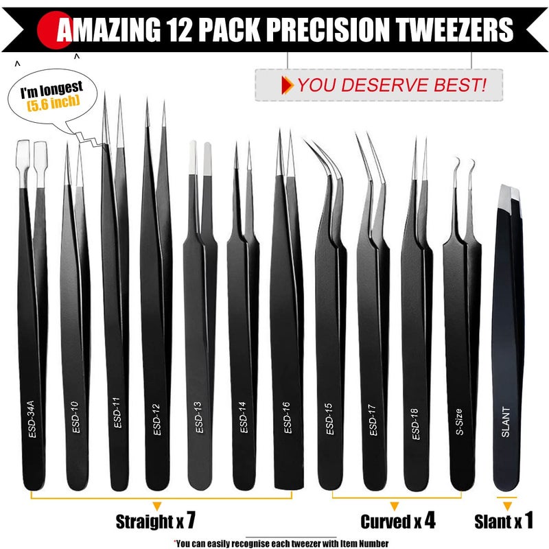 Antonki 12 Pack Tweezers, Precision Tweezers Set, Craft Tweezer Kit, Soldering Tweezers, Jewelry Tweezers, Pointed Ingrown Hair Tweezers, Eyelash Extension Tweezers, Eyebrow Tweezers - with Case - Image 3