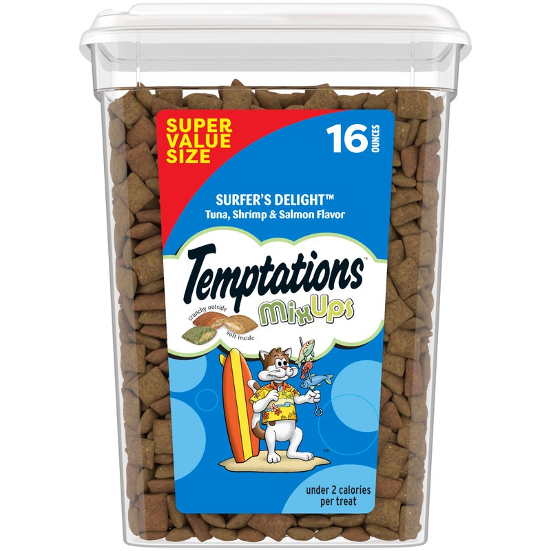 Temptations Cat Treats MixUps Surfer's Delight, Tuna, Shrimp, Salmon Flavor, Crunchy and Soft Cat Treats, 16 oz. Tub - Image 1