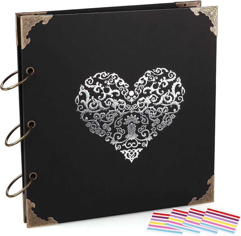 ADVcer Photo Album DIY Scrapbook, 10x10 inch 50 Pages Double Sided, Vintage Hardcover Three-Ring Binder Picture Booth Albums with 6 Colors 408pcs Self Adhesive Photos Corners for Memory Keep (Black) - Image 1