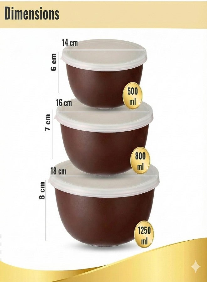 Zaib Stainless Steel Micrwoave Safe Euro Mixing Bowl with Lid for Kitchen Food Stroage Pack of 3 | Capacity: 1250 ML, 750 ML, 500 ML (WL Dark Brown 3) - Image 5