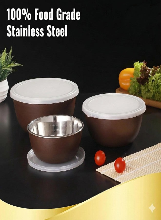 Zaib Stainless Steel Micrwoave Safe Euro Mixing Bowl with Lid for Kitchen Food Stroage Pack of 3 | Capacity: 1250 ML, 750 ML, 500 ML (WL Dark Brown 3) - Image 2
