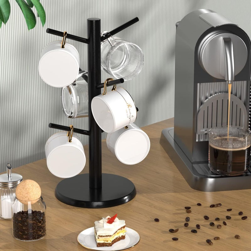 Wisuce Black Coffee Mug Tree, Updated Thick Bamboo Mug Holder Base,Coffee Cup Stand Mug Holders with 6 Hooks for Countertop Cup Rack Organizer Stand (Black) - Image 5