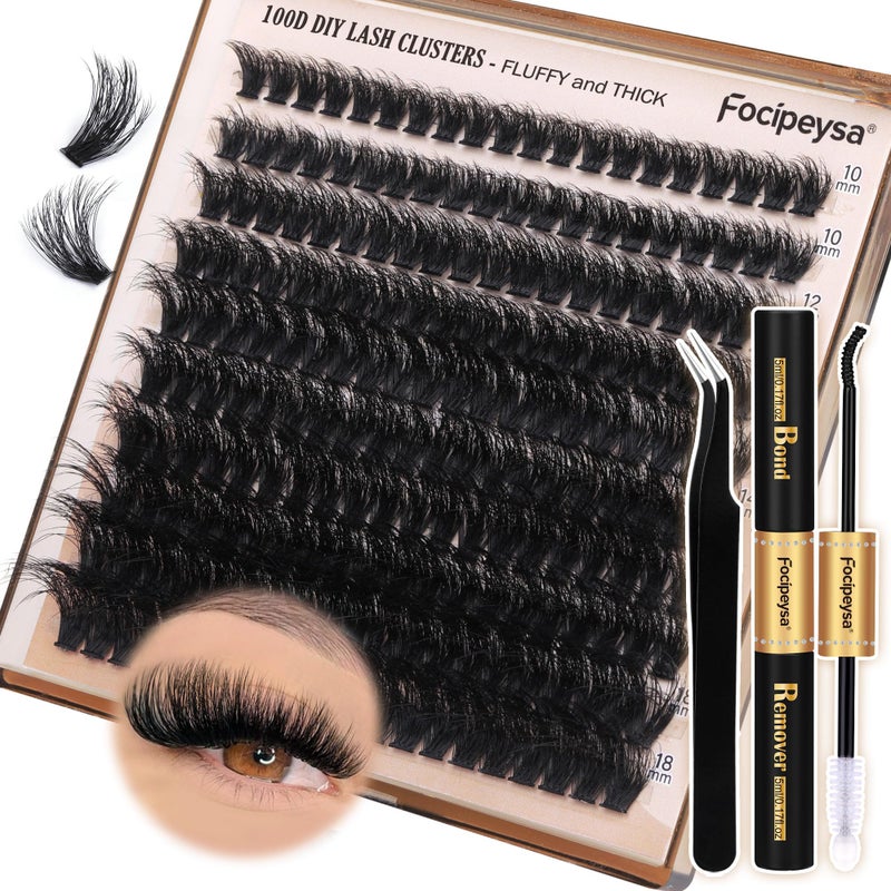 Focipeysa Thick Eyelash Extension Kit Volume Lash Clusters Kit 10-18mm Individual Lashes Clusters 100D DIY Lash Extension Kit 200pcs Clusters Lash with Bond and Remover Lash Applicator by Focipeysa - Image 1