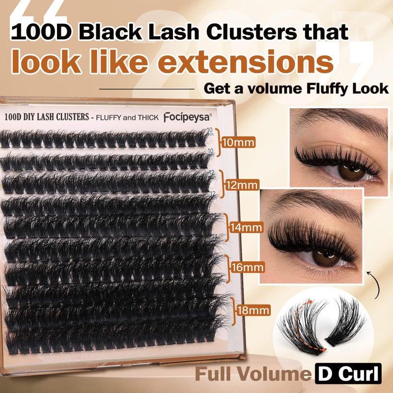 Focipeysa Thick Eyelash Extension Kit Volume Lash Clusters Kit 10-18mm Individual Lashes Clusters 100D DIY Lash Extension Kit 200pcs Clusters Lash with Bond and Remover Lash Applicator by Focipeysa - Image 4