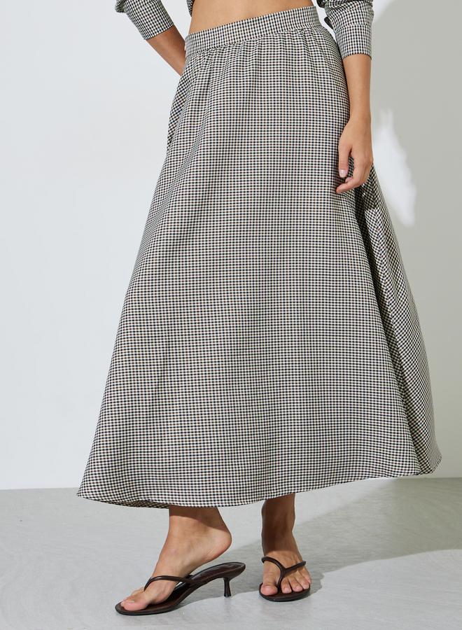 Styli Brown Mini Checked A-Line Maxi Skirt - Image 1