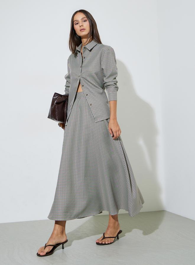 Styli Brown Mini Checked A-Line Maxi Skirt - Image 2