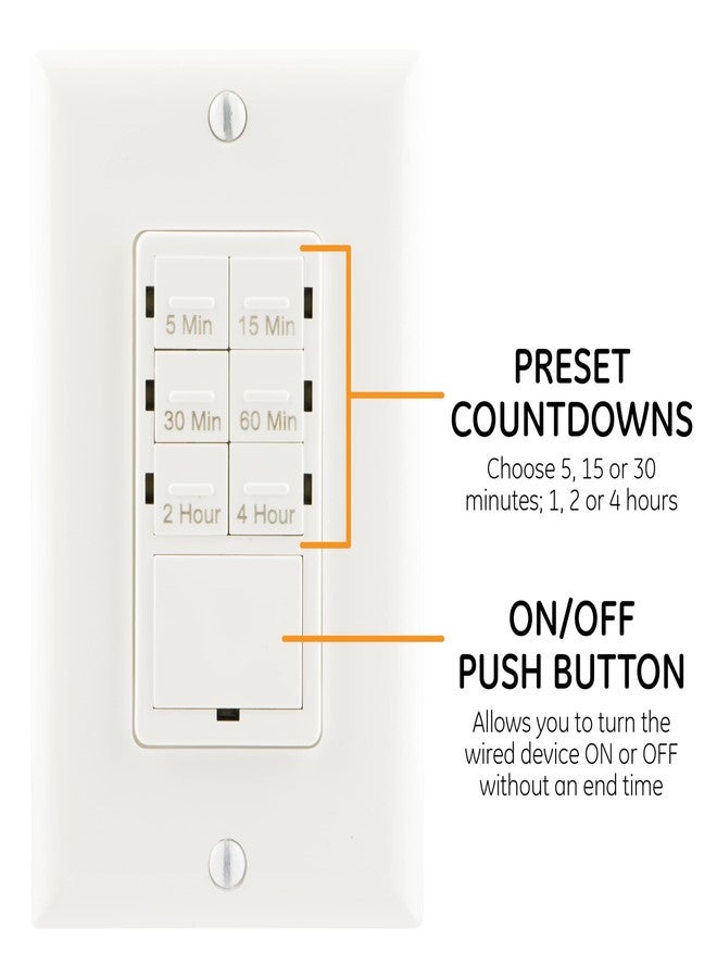 GE Push-Button Countdown Timer Switch, 5-15-30 Minute/1-2-4 Hour, ON/Off, No Neutral Wire Needed, Ideal for Lights, Exhaust Fans, Heaters, Wall Plate Included, Light Switch Timer, Fan Switch, 15318 White - Image 3