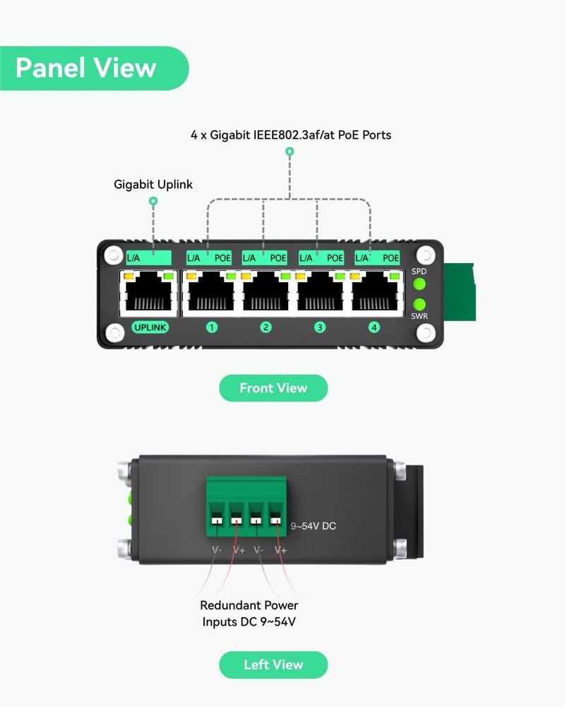 LINOVISION مفتاح LINOVISION الصناعي 5 منافذ جيجابت POE للطاقة الشمسية مع معزز الجهد من DC9V-54V إلى DC48V، 4 منافذ POE بقدرة 30W لكل منها @120W وفقًا لمعيار IEEE802.3af/at، IP40، طاقة POE مدمجة لأنظمة الطاقة الشمسية/الشاحنات الترفيهية/أنظمة VoIP - Image 2