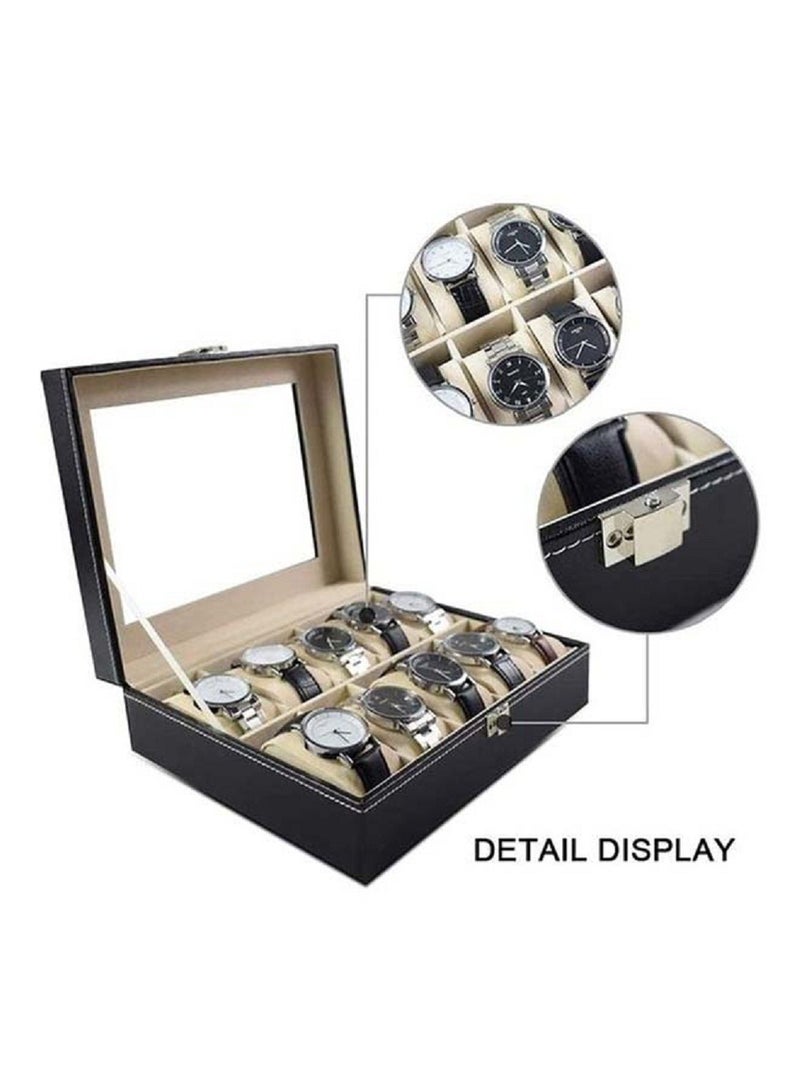 Watch Box 10 Slot PU Leather Top Glass Display Watch Storage Jewllery Case Organizer Black - Image 2