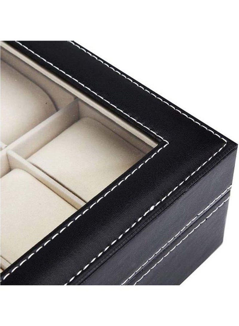 Watch Box 10 Slot PU Leather Top Glass Display Watch Storage Jewllery Case Organizer Black - Image 4