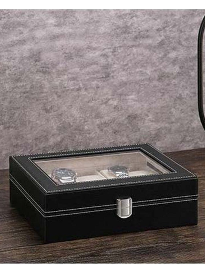 Watch Box 10 Slot PU Leather Top Glass Display Watch Storage Jewllery Case Organizer Black - Image 5