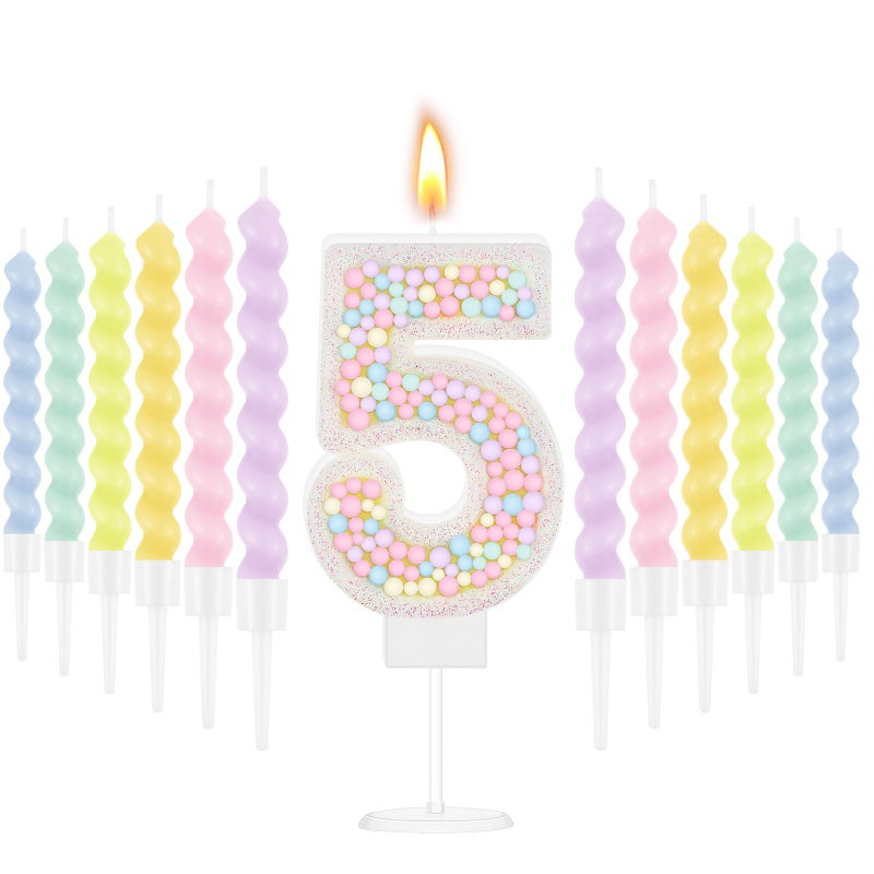 MTLEE Number 5 Birthday Candle with 12 Pcs Spiral Candles for Girls Macaron Pastel Rainbow Unicorn Pink Cake Topper for Sweet Theme Party Decoration