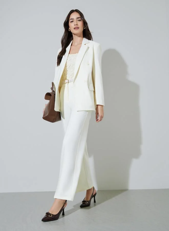 Styli Off White Solid Tailored Wide-Leg Trousers