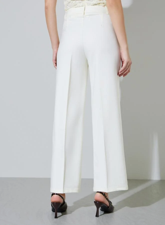 Styli  Off White Solid Tailored Wide-Leg Trousers for Women | Best Price UAE