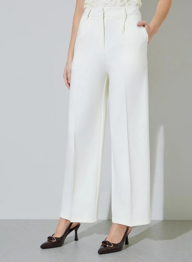 Styli Off White Solid Tailored Wide-Leg Trousers