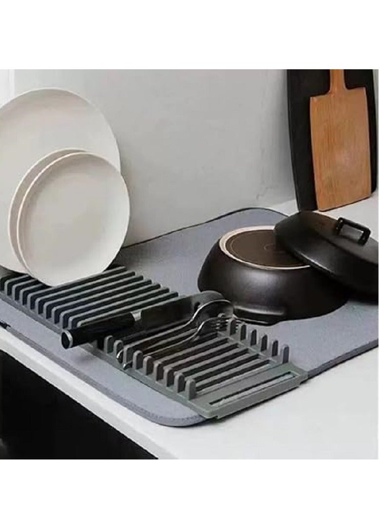Dish Drying Mat with Kitchen Dish and Spoon Holder, Advanced Anti-Scald Countertop Mat with Dish Drainer Rack - Image 3