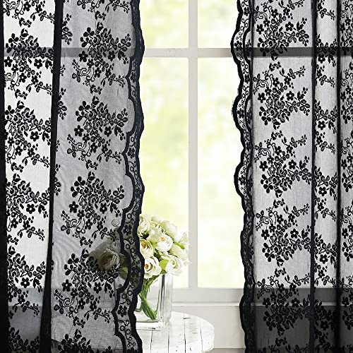 YJ YANJUN Black Lace Curtains 2 Panels - Vintage Floral Black Sheer Curtains 63 inch Length Romantic Gothic Curtains for Bedroom Halloween Decor 52 x 63 Inch - Image 2