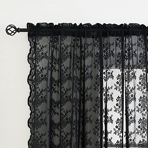 YJ YANJUN Black Lace Curtains 2 Panels - Vintage Floral Black Sheer Curtains 63 inch Length Romantic Gothic Curtains for Bedroom Halloween Decor 52 x 63 Inch - Image 3