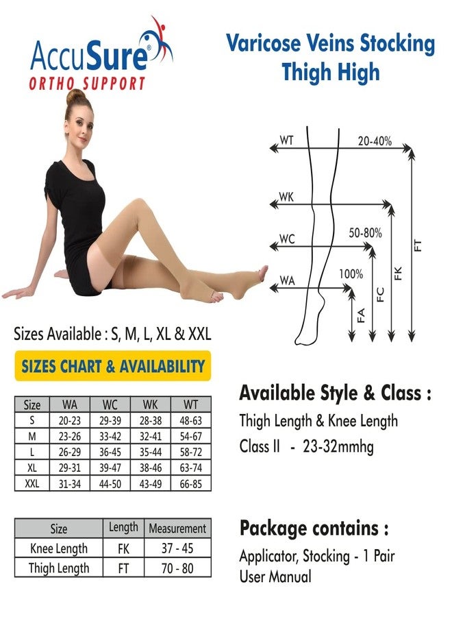 AccuSure Medical Compression Varicose Stocking 23-32 mmHg Support For Women & Men Thigh Length Hose|Open Toe|Beige| (Small) - Image 2