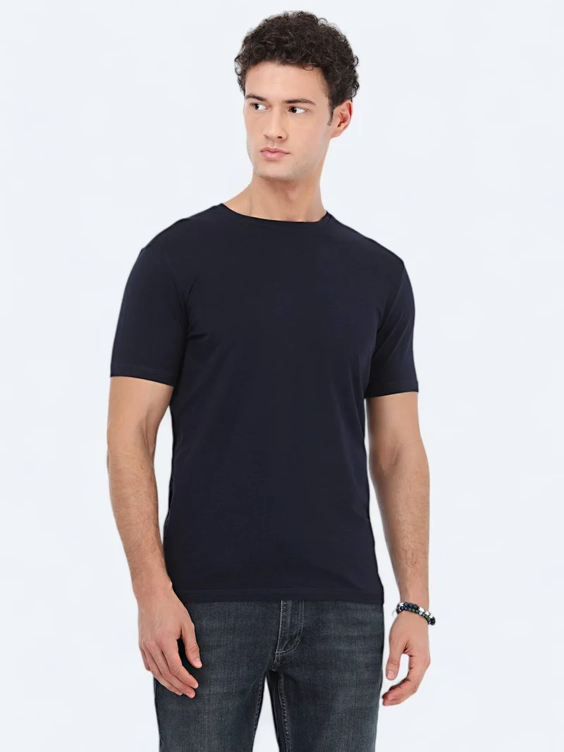 Kip Navy Blue Crew Neck Cotton Blended T-Shirt