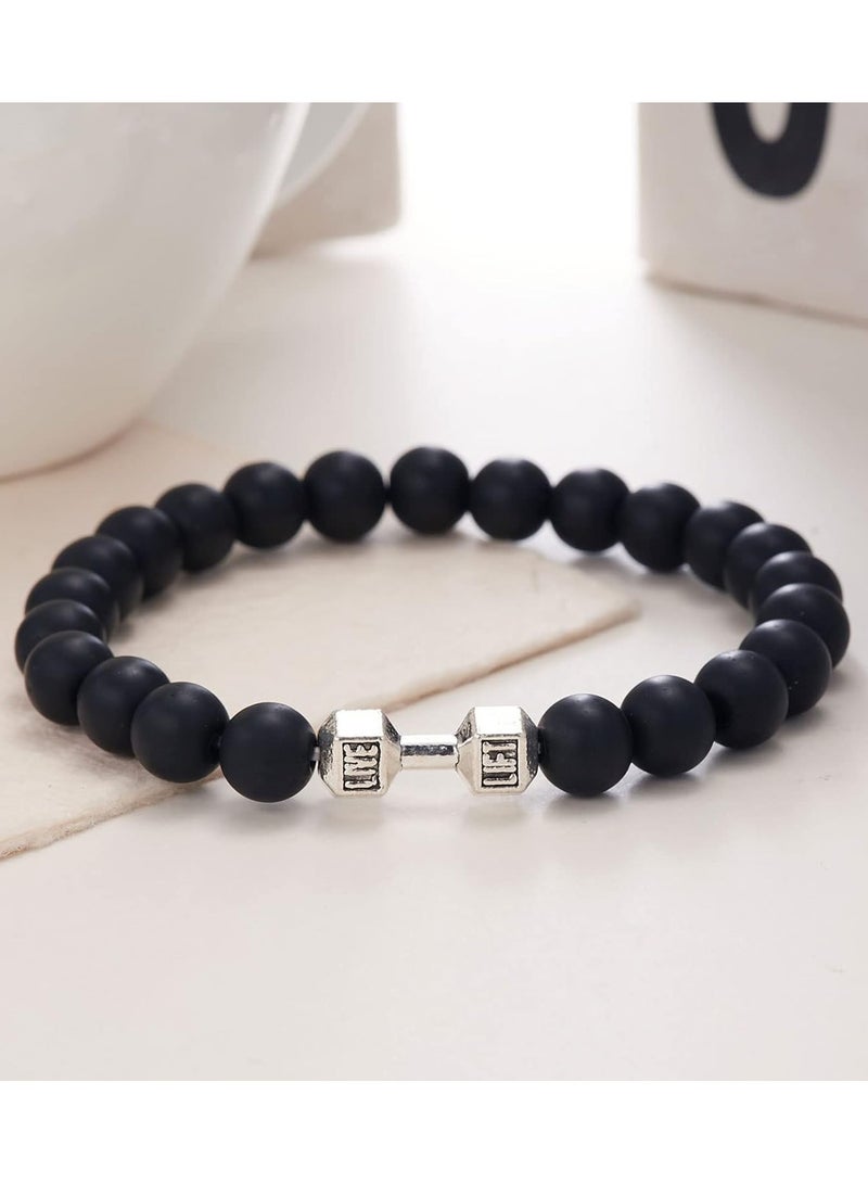 Julia Store Lava Beads Gym Bracelets for Men - 8mm Matte Rock Bracelet Natural Stone, Men Stretch Bracelet Bead Bracelet for Women- Alloy Dumbbell Bracelet, Beaded Jewelry Elastic Blessings Bracelet - Image 1