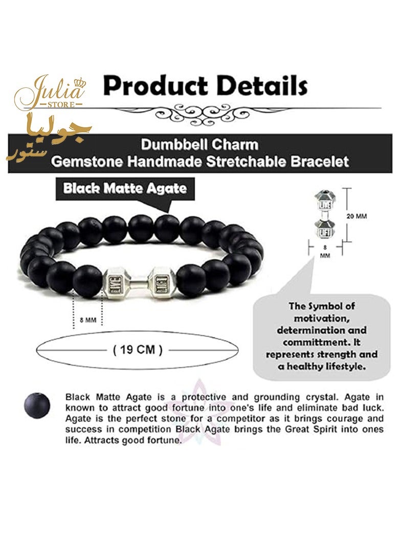 Julia Store Lava Beads Gym Bracelets for Men - 8mm Matte Rock Bracelet Natural Stone, Men Stretch Bracelet Bead Bracelet for Women- Alloy Dumbbell Bracelet, Beaded Jewelry Elastic Blessings Bracelet - Image 2