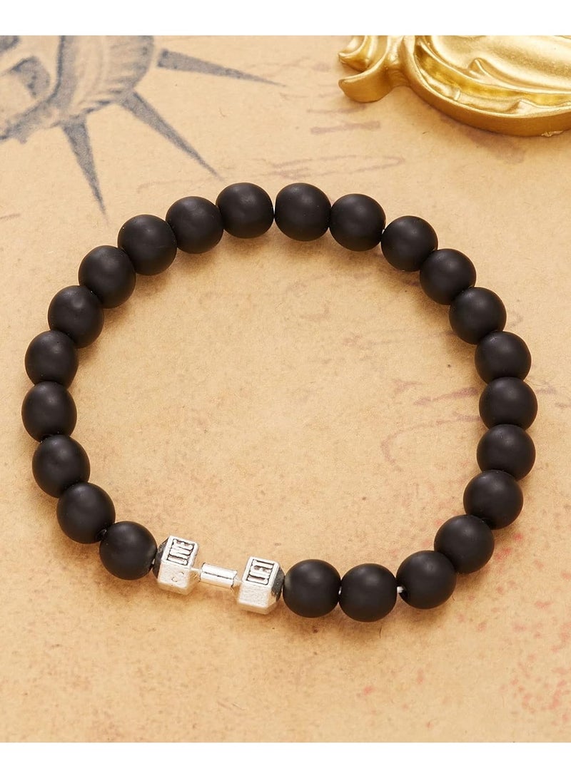 Julia Store Lava Beads Gym Bracelets for Men - 8mm Matte Rock Bracelet Natural Stone, Men Stretch Bracelet Bead Bracelet for Women- Alloy Dumbbell Bracelet, Beaded Jewelry Elastic Blessings Bracelet - Image 5