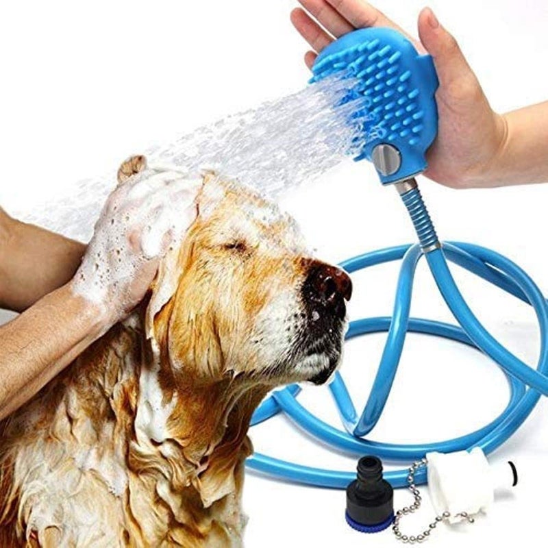 Rexmon PVC and Metal Shower Sprayer Bath Tub and Outdoor Garden Hose, Bathing Tool Pet Hair Remover, Grooming Glove for Dogs and Cats (Standard Size) Blue - Image 1
