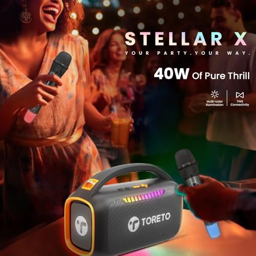 Toreto Wireless Bluetooth Speaker 40W with Dual Wireless Karaoke Mic, 6H Playtime, Voice Changing Feature, Deep Bass, USB, TWS, AUX, TF Card, Outdoor Travel Party Speaker, RGB Light (STELLAR X, Black) - Image 2