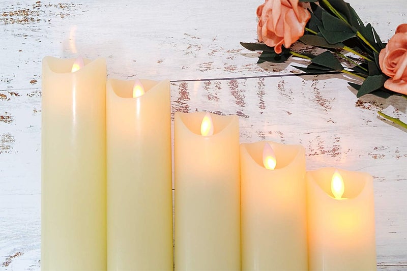 Eldnacele LED Flameless Flickering Candles with Remote Timer Warm White Battery Operated Wax LED Pillar Candles Set of 5 Realistic Flame for Decoration 22 X 56 7 8 9 - Image 5