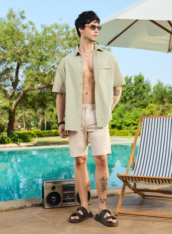The Souled Store Mens Sage Green Spread Collar Oversized Plain Shirt