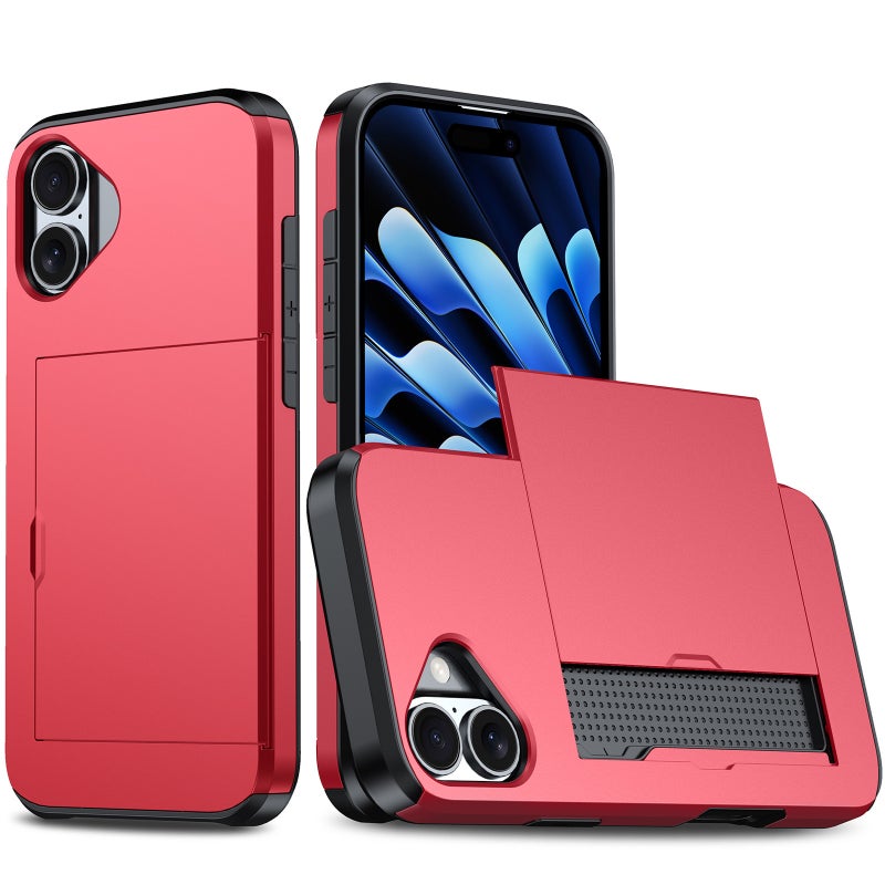 HuHa Protective Cover For iPhone 16 Shockproof Armor Phone Case with Card Slot(Red) - Image 1