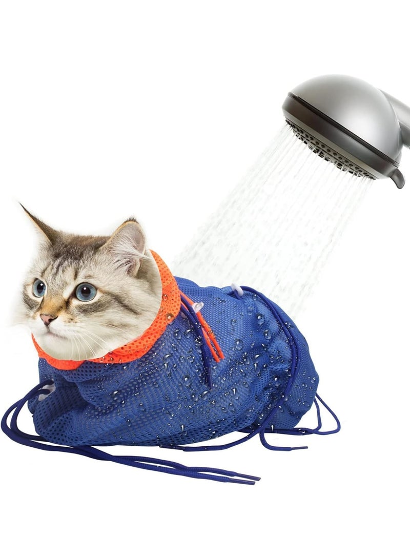 SYOSI Cat Bathing Bag, Adjustable Breathable Mesh Grooming and Nail Trimming Bag, Soft Polyester Anti-Scratch Cat Washing Restraint for Small and Medium Cats, Blue-Orange - Image 1