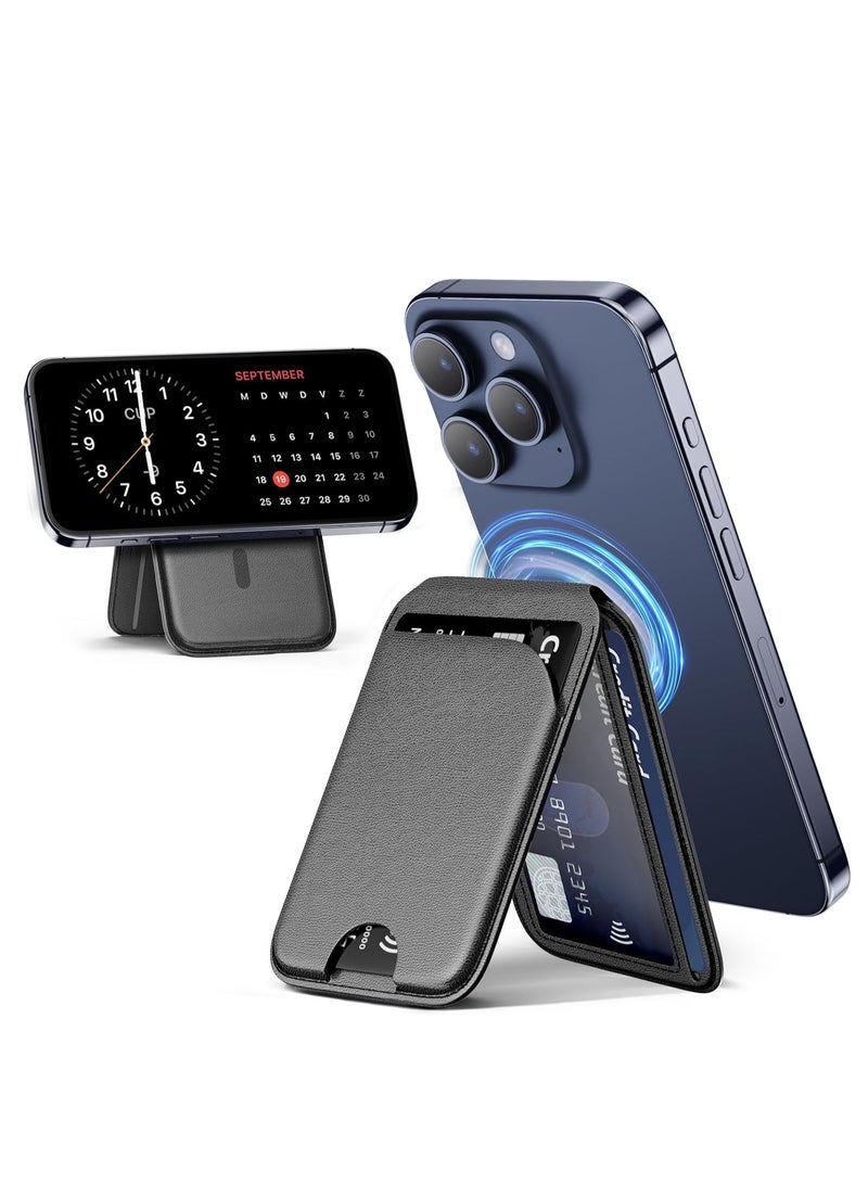 Phone Wallet Stand, Magnetic Wallet for iPhone, Lightweight Adjustable PU Leather Magnetic Card Holder, Compatible with iPhone 16/15/14/13/12 Series, Not Compatible with iPhone 13/12 Mini (Black) - Image 1