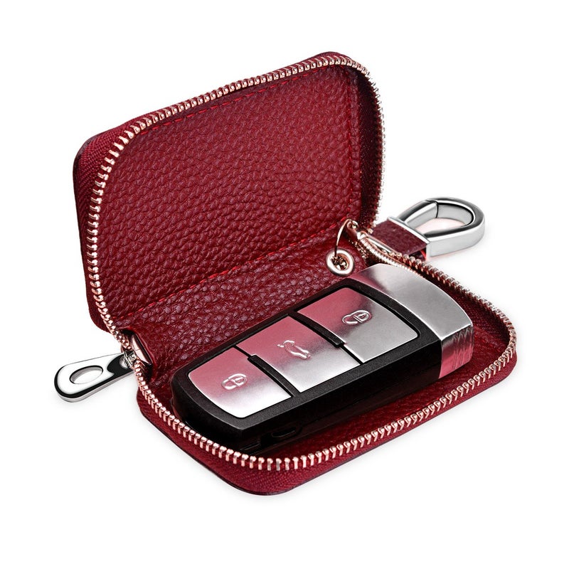 Buffway Car Key Chain Bag,Genuine Leather Car Keychain Coin Holder Metal Hook and Keyring Wallet Zipper Case for Auto Remote Key Fob - Cherry - Image 2