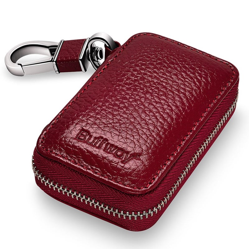Buffway Car Key Chain Bag,Genuine Leather Car Keychain Coin Holder Metal Hook and Keyring Wallet Zipper Case for Auto Remote Key Fob - Cherry - Image 1