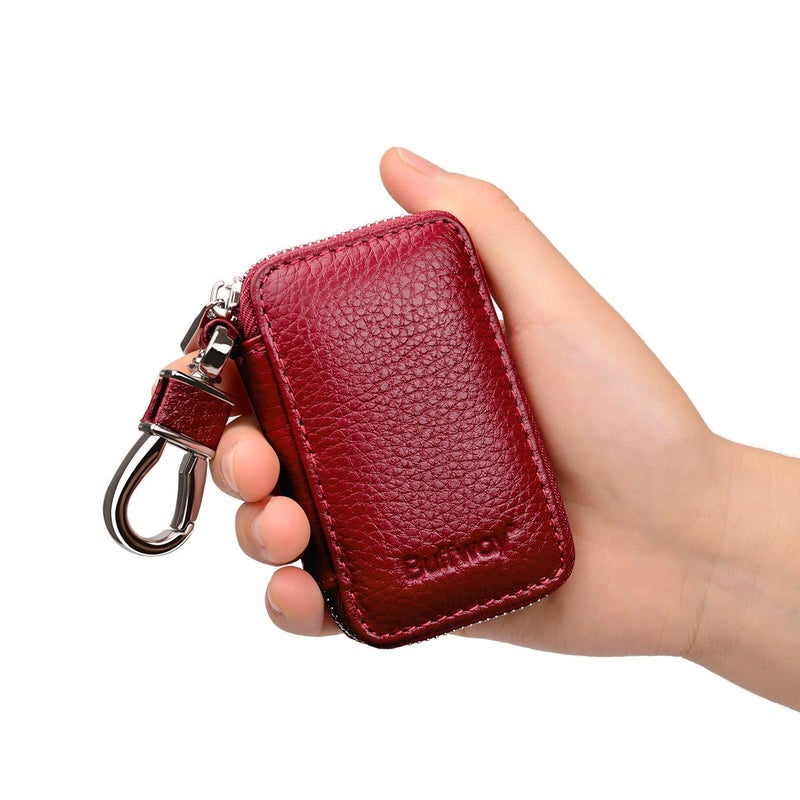 Buffway Car Key Chain Bag,Genuine Leather Car Keychain Coin Holder Metal Hook and Keyring Wallet Zipper Case for Auto Remote Key Fob - Cherry - Image 3