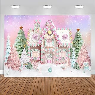 Mocsicka Christmas Candy House Backdrop Pink Mint Green Sweet Candy Cottage Background for Photography Winter Merry - Image 1