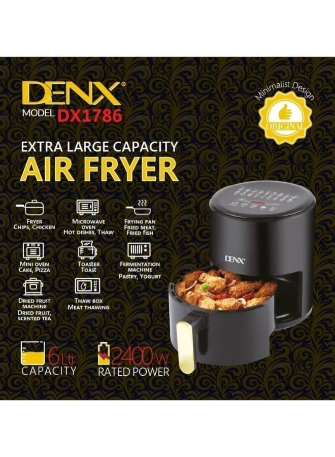 Denx DX1786 6L Digital Air Fryer 2400W – Extra Large Capacity Oil-Free Air Fryer for Frying, Baking, Grilling & Roasting – LED Touch Control, Non-Stick Basket, Rapid Hot Air Circulation – Black - Image 2