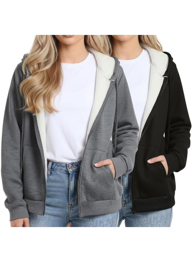Chicingyou 2 Pack Women Full Zip up Fleece Hoodies Winter Sweatshirt Warm Jacket Zipper Coat, Black, Dark Gray, XXL - Image 1