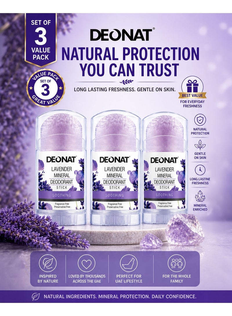 DEONAT Lavender Mineral Deodorant Stick 100g Pack of 3 Natural Alum Crystal Deodorant Antibacterial Anti Odor Soothing Underarm Care for Sensitive Skin Non Staining Long Lasting All Day Protection for Men and Women - Image 1