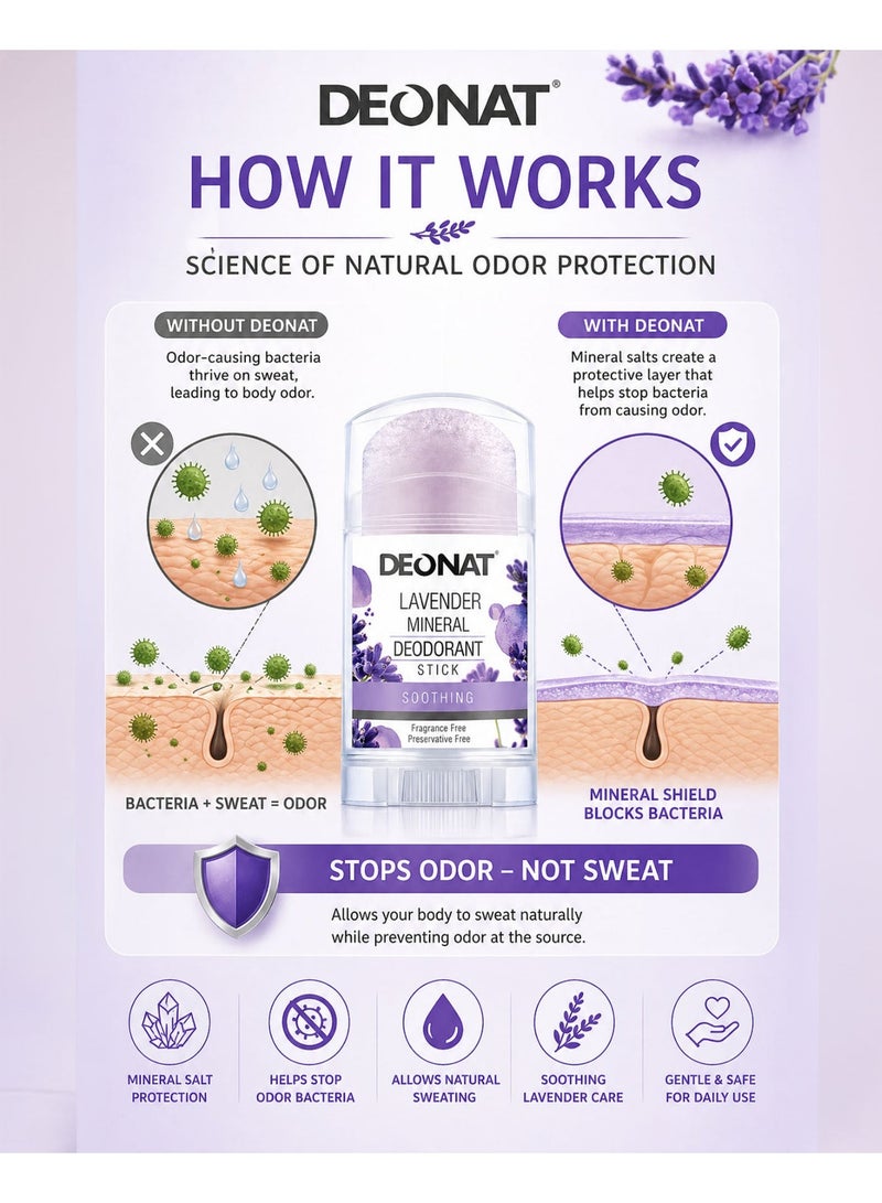 DEONAT Lavender Mineral Deodorant Stick 100g Pack of 3 Natural Alum Crystal Deodorant Antibacterial Anti Odor Soothing Underarm Care for Sensitive Skin Non Staining Long Lasting All Day Protection for Men and Women - Image 3