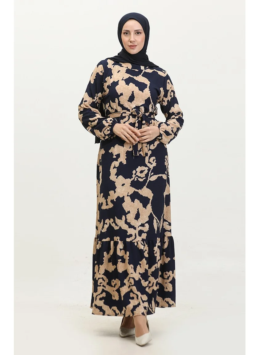 Sefa Merve Yezra Patterned Belted Dress 0345-02 Navy Blue Beige