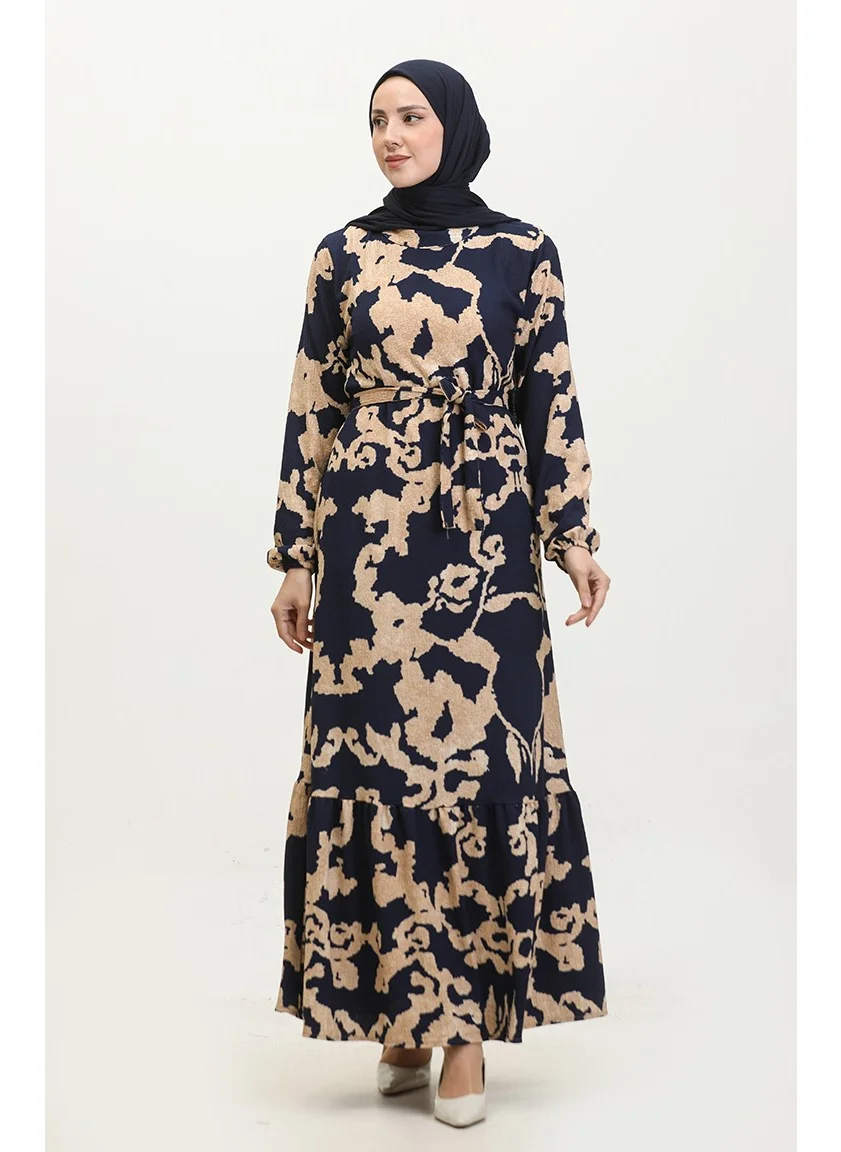 Sefa Merve Yezra Patterned Belted Dress 0345-02 Navy Blue Beige