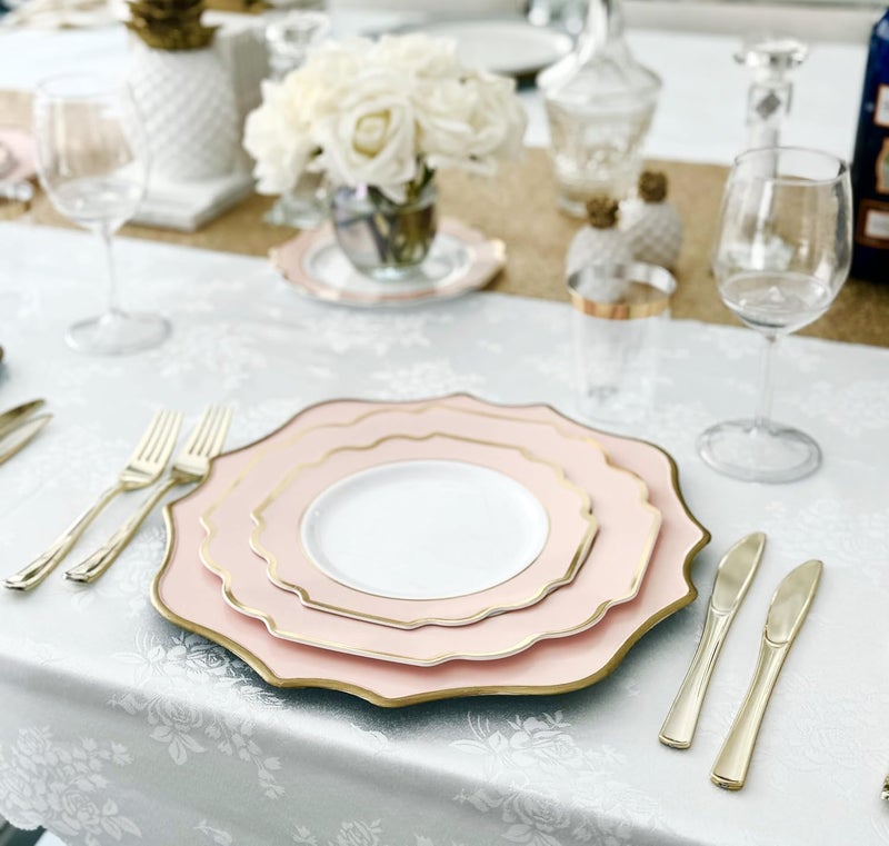 OCCASIONS FINEST PLASTIC TABLEWARE مناسبات 10 قطع شوايات دائرية 13 دائرية من الأكريليك البلاستيكي لحفلات الزفاف زينة العشاء أطباق شوايات مزخرفة باللون الوردي الفاتح والذهبي - Image 3