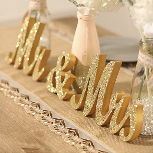WANTMAZOR Mr and Mrs Signs Wedding Table Decorations, Wooden Freestanding Letters for Photo Props, Rustic Decoration, Anniversary Shower Gift (Golden) - Image 5