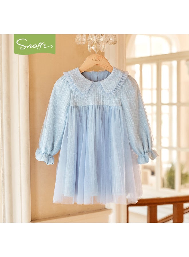 Snoffy Snafi Girls Princess Dress Children's Spring Birthday Doll Collar Tulle Dress Blue 105cm - Image 4