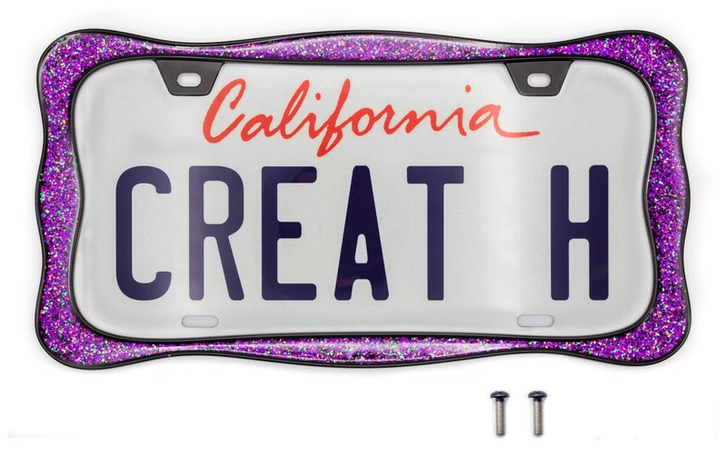 creathome 3D Shining License Plate Frame, Black Powder Coated with Purple Chunky Gliter, Pure Zinc Alloy Metal - Image 1