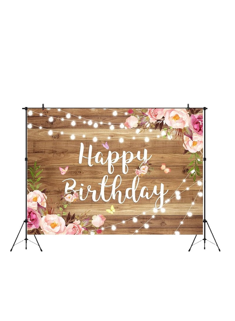 SYOSI Happy Birthday Backdrop Pink Floral Happy Birthday Backdrop Butterfly Wooden Floor Watercolor Flowers Girls Women Photography Background Banner Cake Table Supplies Party Decoration Photo Booth - Image 2