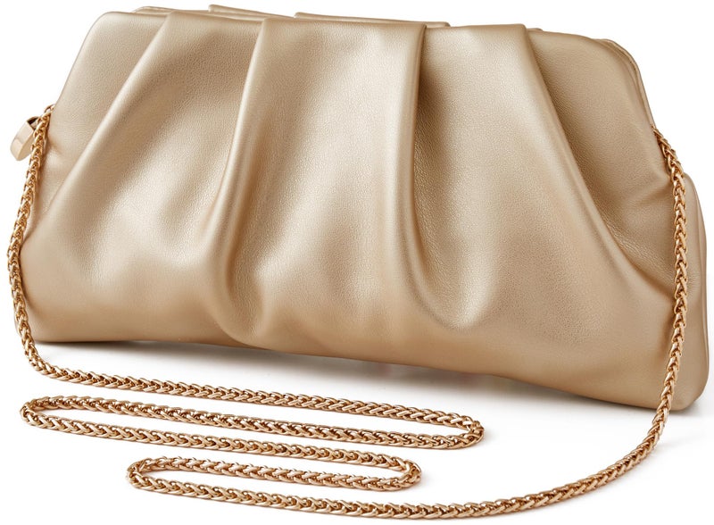 FanChris Evening Bag for Women Ruched Clutch Purse Detachable Metal Chain Crossbody Bag(Pearl Apricot) - Image 2